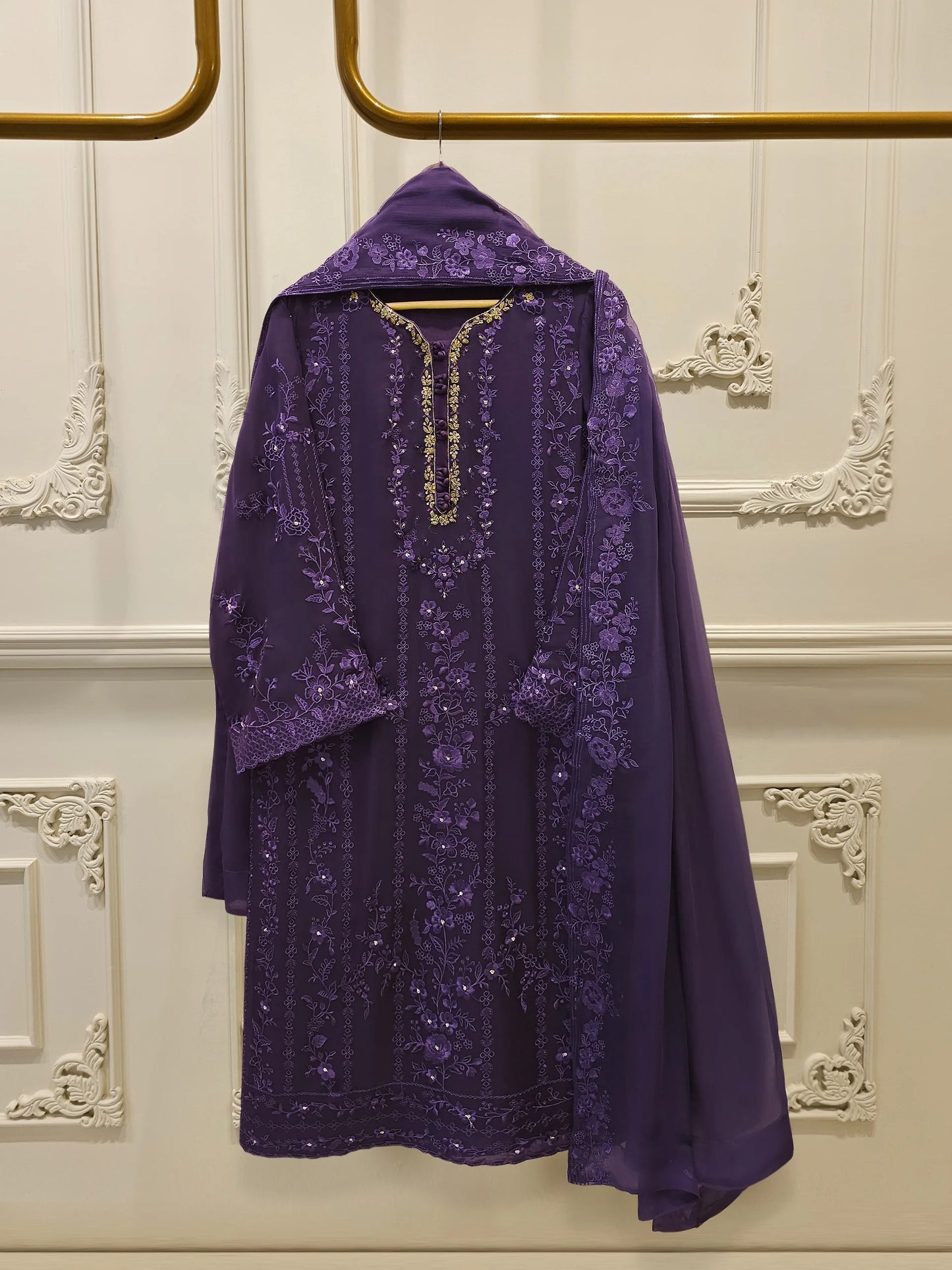 3 Piece - Pure Chiffon Embroidered Suit S112525