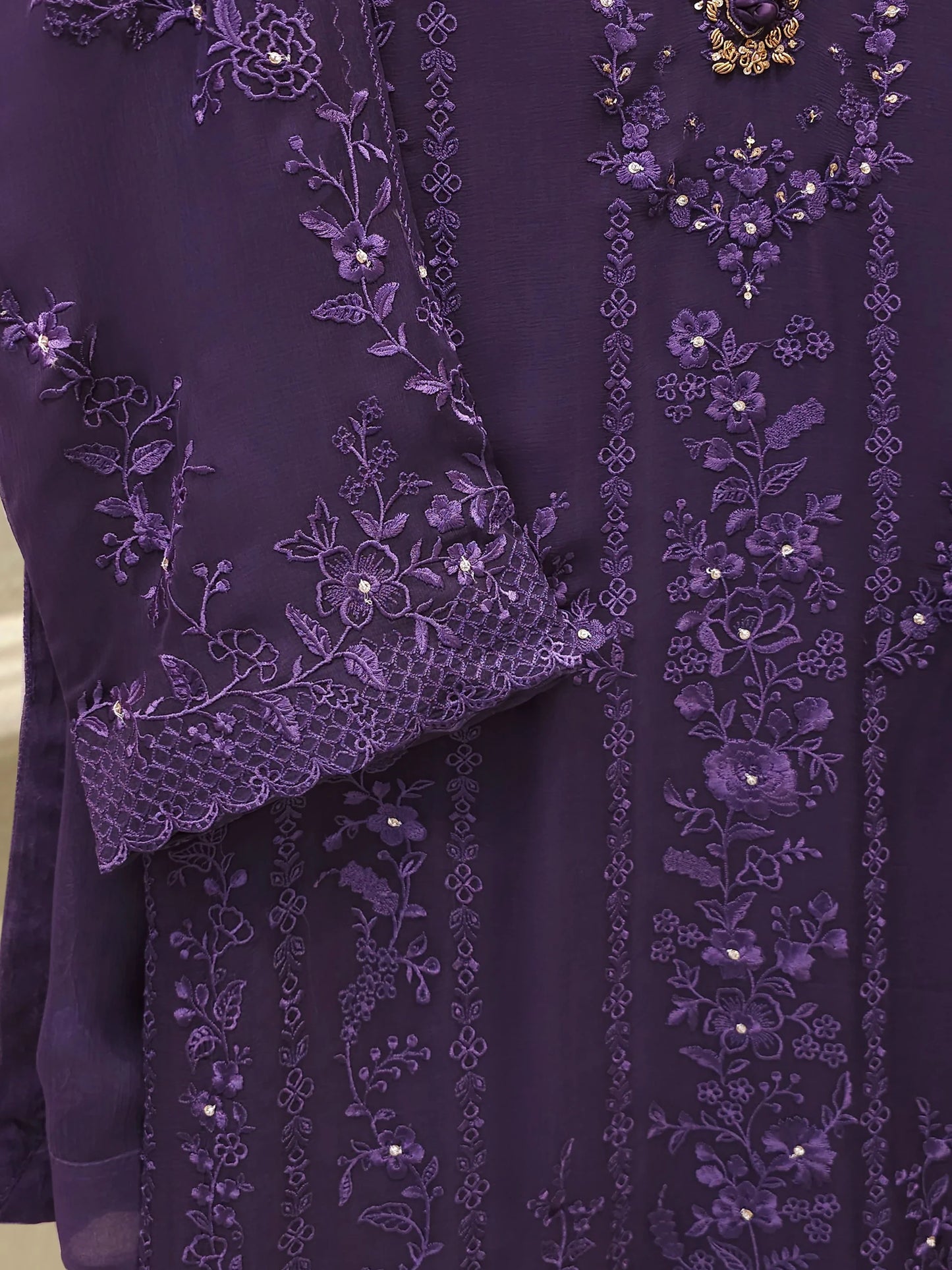 3 Piece - Pure Chiffon Embroidered Suit S112525