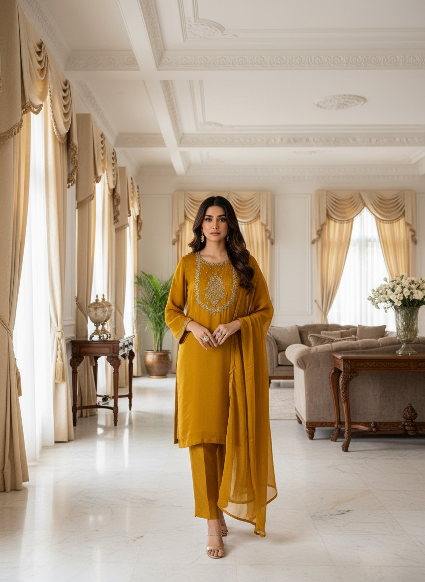 3 Piece - Pure Embroidered Cotton Net Suit S112309